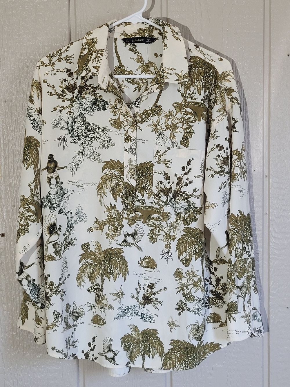 Zara Cream Botanical Print Long-Sleeve Blouse with Olive Motif